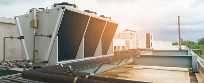 The exterior of a building at sunset